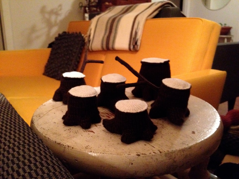 Knitted tree stumps